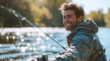 ai generado joven hermoso hombre pescar en el lago foto