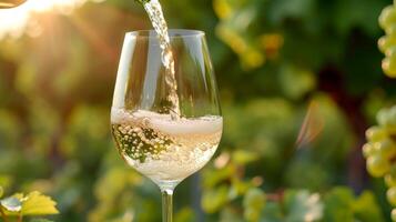 AI generated White wine is poured into a glass. Blurred background of vineyards from behind photo