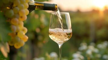 AI generated White wine is poured into a glass. Blurred background of vineyards from behind photo