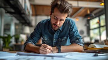 AI generated Young handsome engineer drawing a house project in a modern office photo