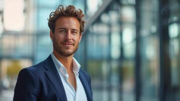 AI generated Young handsome businessman looking at the camera and smiling against the background of a blurred business center photo