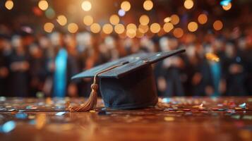 AI generated The graduate's cap lies on a wooden table photo