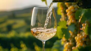 AI generated White wine is poured into a glass. Blurred background of vineyards from behind photo