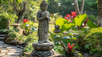 AI generated Stone buddha statue stands on a pedestal surrounded by tropical nature photo
