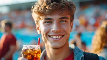 AI generated Young athletic man drinks soda and looks smiling at the camera photo