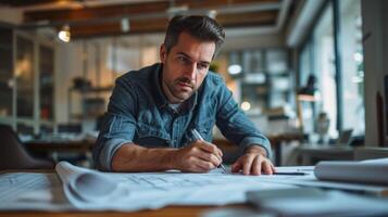 AI generated Young handsome engineer drawing a house project in a modern office photo