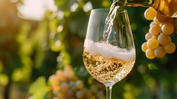 AI generated White wine is poured into a glass. Blurred background of vineyards from behind photo