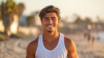 AI generated Young handsome hispanic man in short denim shorts and a white sleeveless tank top standing smiling photo