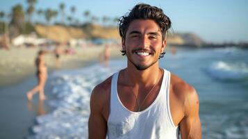 AI generated Young handsome hispanic man in short denim shorts and a white sleeveless tank top standing smiling photo