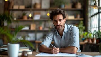 AI generated Young handsome engineer drawing a house project in a modern office photo