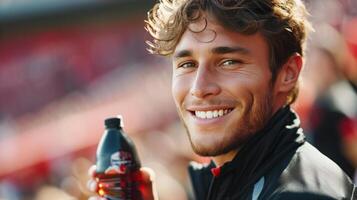 AI generated Young athletic man drinks soda and looks smiling at the camera photo