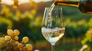 AI generated White wine is poured into a glass. Blurred background of vineyards from behind photo