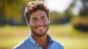 ai generado hermoso masculino atleta golfista posando y mirando sonriente a el cámara foto