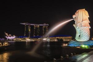 Singapore, Singapore, 2014, The Merlion at night, City Symbol, Singapore, Asia photo