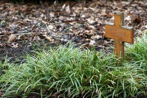 small wooden cross in the grass photo