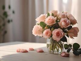 AI generated pink roses in glass vase in white room, morning sunlight photo