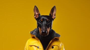 ai generado negro y marrón perro vistiendo amarillo chaqueta. generativo ai. foto