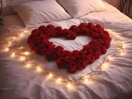 AI generated rose arrangement on bed with light decoration, valentine's celebration of love photo