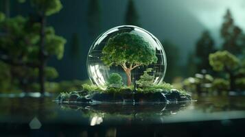 AI generated A glass ball containing a small tree, showcasing the unique and delicate nature of the enclosed ecosystem. Generative AI. photo