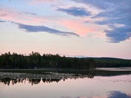 Sunset on a lake in Sweden. Blue hour on calm water. Nature photo from Scandinavia