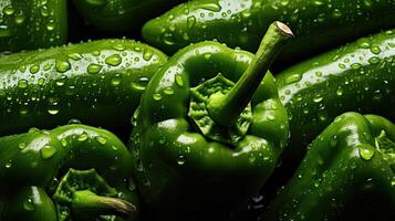 ai generado Fresco verde campana pimienta con agua gotas foto