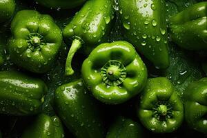 ai generado Fresco verde campana pimienta con agua gotas foto