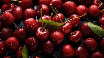 ai generado Fresco rojo Cereza con agua gotas foto