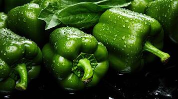 AI generated Fresh green bell pepper with water droplets photo