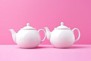 AI Generated Two white porcelain teapots lying on a pink background. photo