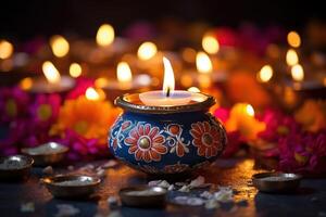 ai generado petróleo lamparas iluminado en vistoso rangoli durante diwali celebracion foto