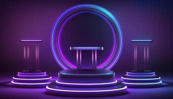 AI Generated Futuristic portal. Science fiction podium, pedestal, platform. Modern empty cyberpunk space. Technological background. Sky-fi digital hi-tech elements for presentation product. AI photo