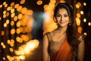 ai generado joven hermosa indio mujer a diwali celebracion foto