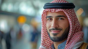 AI Generated Happy Emirati Arab at office wearing Kandura looking at front ideal for Middle East business concept photo