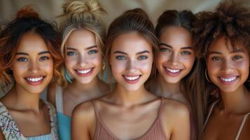 AI Generated To promote skincare, a portrait, face and smile with a happy and natural female friend group indoors on a beige background is shown. photo