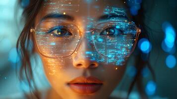 AI Generated In the background, a coding hologram and a woman working on her tablet, thinking about data analytics, digital technology, and night overlay. In the background, a programmer or IT person photo