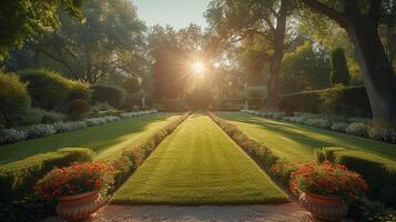 AI Generated The garden is in a French style with plants trimmed up in classic forms. It is photographed with select focus and on a high quality camera. photo