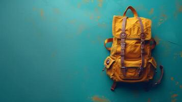 AI Generated Printed backpack with an airplane on a colored background. Concept for World Tourism Day photo