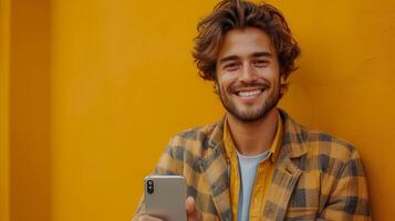 AI Generated Excited casual guy leans against big smartphone with empty blank white display. He displays thumbs up gesture, recommends great new app or website. Mock-up, full body length, yellow wall. photo