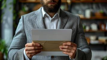 AI Generated Businessman with tablet, technology, or corporate communication isolated on studio background. Internet, connectivity, or networking professional, male worker or checking his email on photo