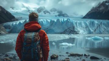 AI Generated Perito Moreno glacier, Argentina, with a man posing on its ice formation photo