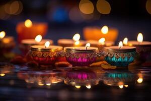 AI Generated Diya lamps on a reflective base with glittering bokeh photo