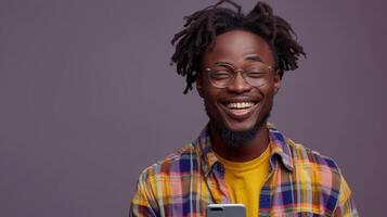 AI Generated Overjoyed black man reading good news looking at cellphone in glasses on grey studio background, isolated on grey studio background. photo