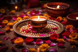 AI Generated Diya lamps on a reflective base with glittering bokeh photo
