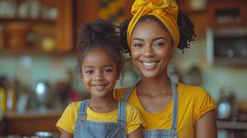 ai generado el vida de un contento negro madre y hija horneando panqueques en el cocina a hogar, incluso estilos de vida, familia, maternidad, cocinando, alimento, y Doméstico actividades. foto