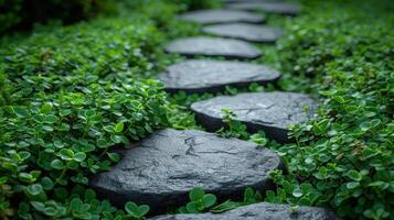 AI Generated Garden stone path with grass growing between the stones. Botanical garden detail. photo