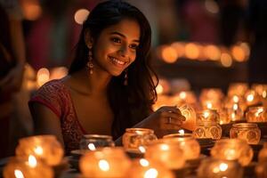 ai generado joven hermosa indio mujer a diwali celebracion foto