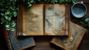 AI Generated Book strewn across wooden table. World Book Day poster on wooden table. photo