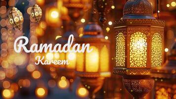 ai gegenereerd beeldmateriaal Ramadan lantaarn met lichten in de achtergrond, looping video