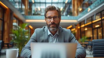 ai generado un empresario y su colega en un reunión utilizando computadoras portátiles negocio profesionales trabajando juntos. foto