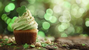 AI generated St. Patrick's Day Cupcake on Pastel Background. Sweet Celebration with Copy Space. photo